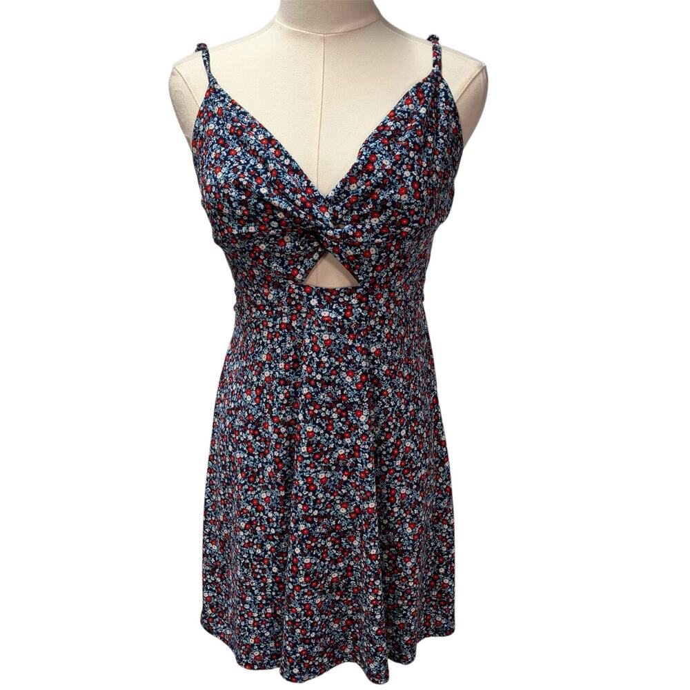 Floral Cutout Spaghetti Strap Dress - Navy/Red
